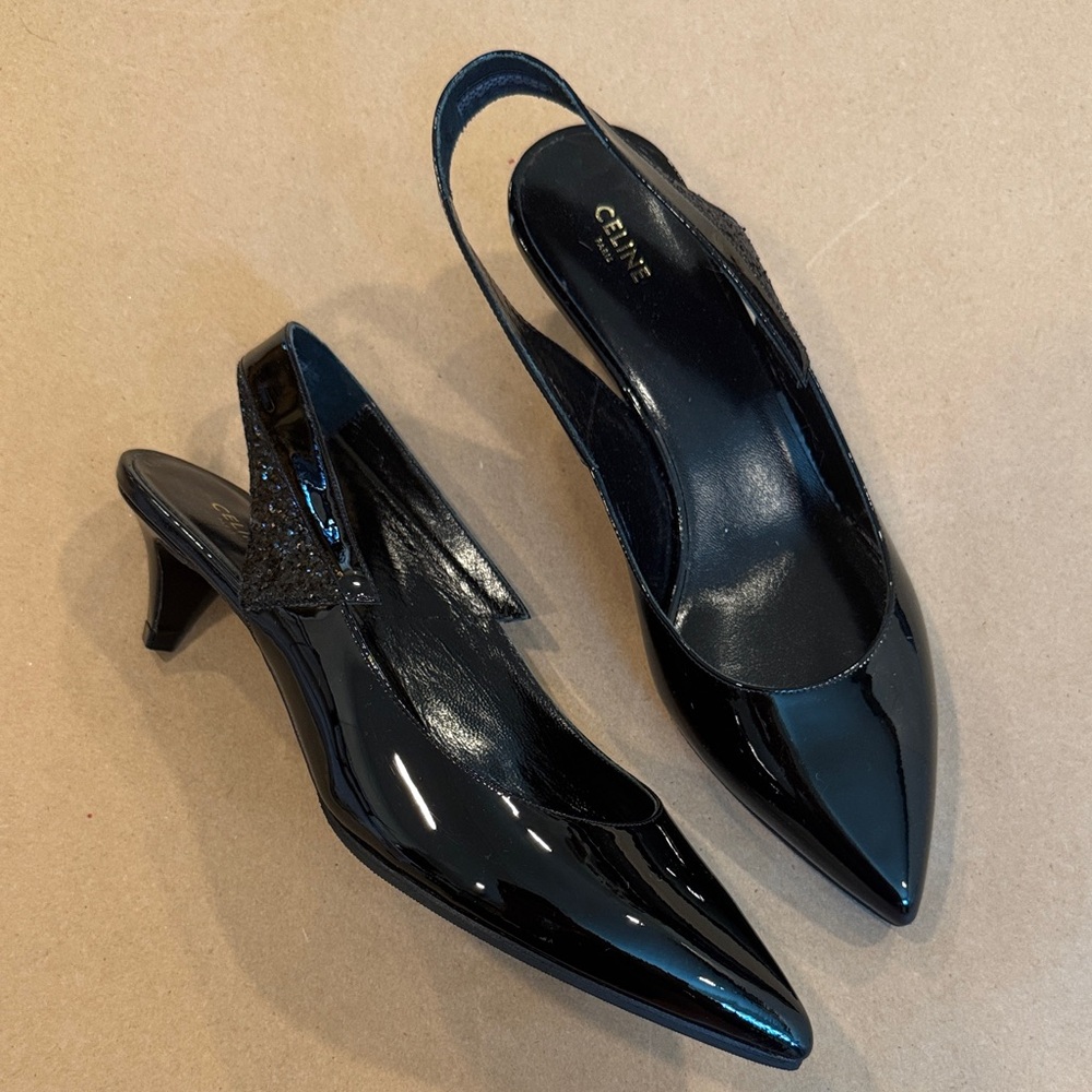 Celine Glossy Black Slingback Heels